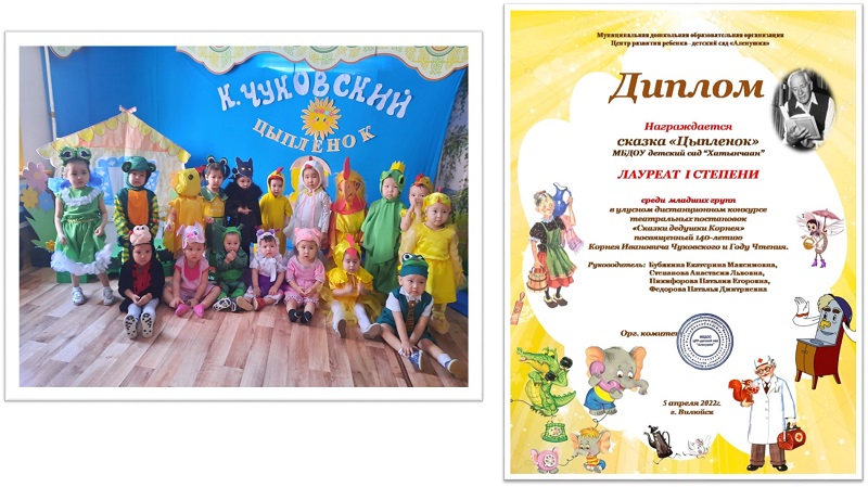 Лауреат 1 степени в улусном дистанционном конкурсе театральных постановок "Сказки дедушки Корнея" Постановка музыкальной сказки «Цыпленок» К.И.Чуковского 1 младшая группа Лауреат 1 степени в улусном дистанционном конкурсе театральных постановок "Сказки дедушки Корнея" Постановка музыкальной сказки «Цыпленок» К.И.Чуковского 1 младшая группа